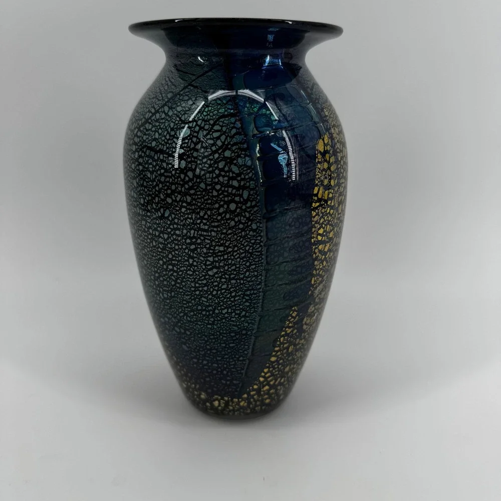 Robert Eickholt Signed Studio Art Glass Vase Blue Gold Leaf Iridescent Crackle